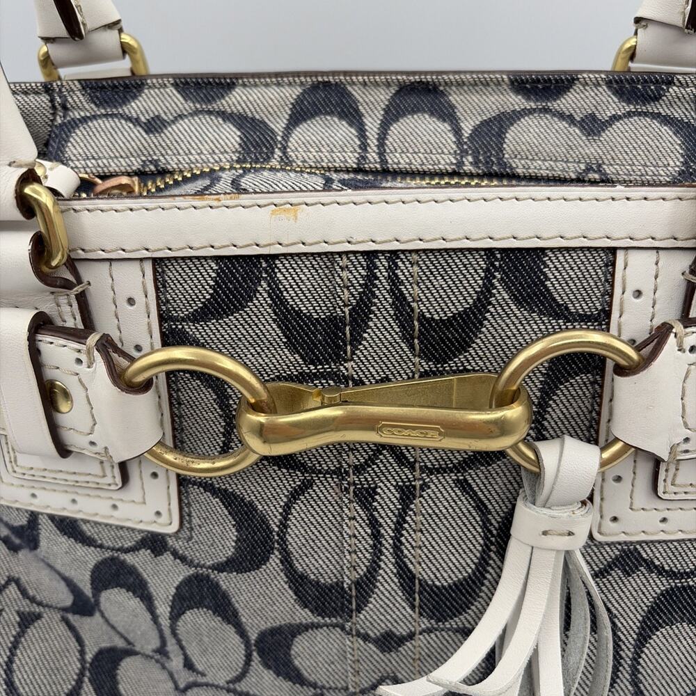 COACH Handbag Signature Denim Leather Tassel Gold Hardware Canvas Y2K White Blue - Picture 4 of 16
